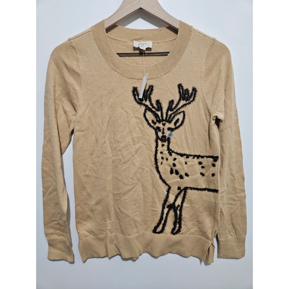 Loft Outlet Tan Cotton Deer Graphic Crewneck Sweater NWT 34046364 XS BNWT